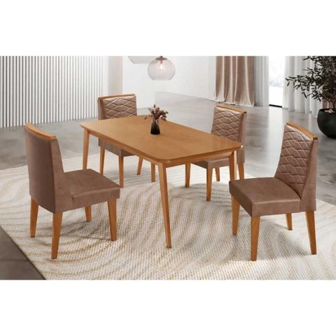 Conjunto: Mesa de Cozinha Havana Curvo 120cm + 4 Cadeiras Maldivas Naturale - Corano Capuccino -