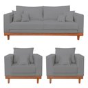 Ver imagem 1 de Kit 2 Poltronas Living + Sofá 3 Lugares Base Madeira Linho Cor:grafite