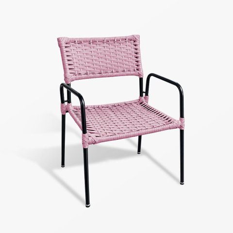 Kit 5 Poltronas Porã Junco Sintético Aço Preto com Braços para Área Externa Varanda Gourmet - Rosa