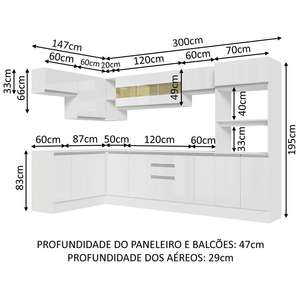 Armário de Cozinha Completa de Canto 100% Mdf 447cm Frentes Branco Brilho Smart Madesa 02 - 4