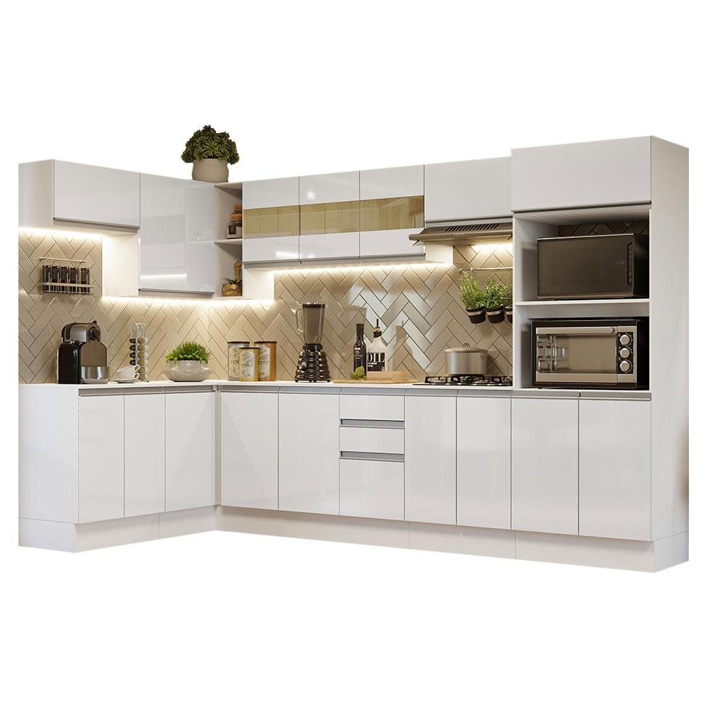 Armário de Cozinha Completa de Canto 100% Mdf 447cm Frentes Branco Brilho Smart Madesa 02 - 3