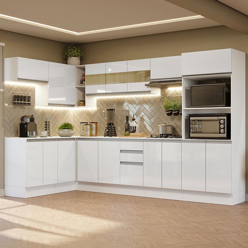 Armário de Cozinha Completa de Canto 100% Mdf 447cm Frentes Branco Brilho Smart Madesa 02