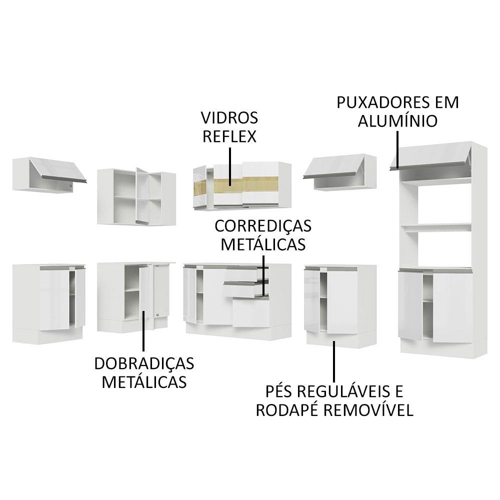 Armário de Cozinha Completa de Canto 100% Mdf 447cm Frentes Branco Brilho Smart Madesa 02 - 5