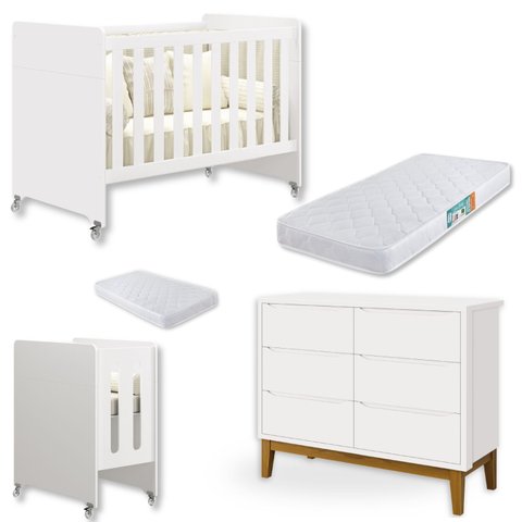 Quarto de Bebê Berço Evolution + Cômoda 6 Gvts + 02 Colchões:branco