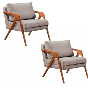 Kit 2 Poltronas Decorativa Mona Luxo Linho Cinza Claro e Base Madeira Maciça