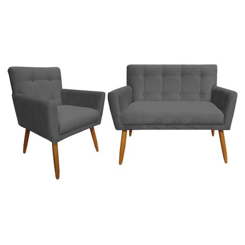 Kit Namoradeira + 1 Poltrona Decorativa Onix Suede Cinza Pés Madeira Mz Decor