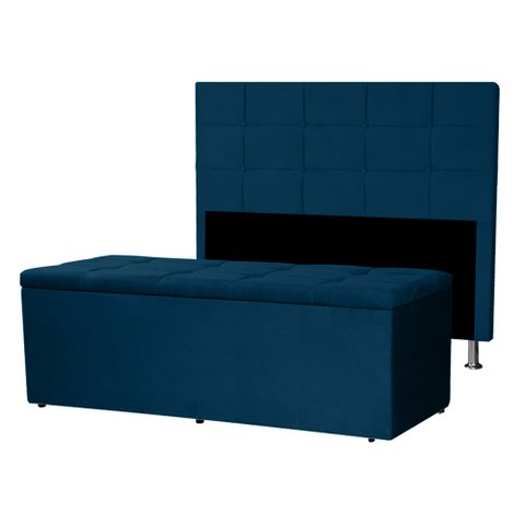 Kit Cabeceira e Calçadeira Baú Solteiro 0,90m Roma Suede - Pallazio Azul Marinho
