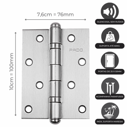 Dobradiça para Porta Pado 4" com Rolamento 4030 Embutir 60kg Inox Escovado com 3 Peças - 3