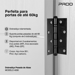 Dobradiça para Porta Pado 4" com Rolamento 4030 Embutir 60kg Inox Escovado com 3 Peças - 9