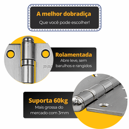 Dobradiça para Porta Pado 4" com Rolamento 4030 Embutir 60kg Inox Escovado com 3 Peças - 7