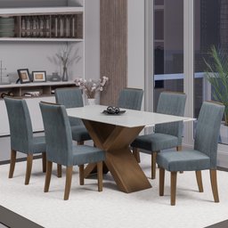 Conjunto de Mesa Sala de Jantar Tampo com Vidro Grécia 6 Cadeiras Off White / Cinza / Cedro 1,60m - 2