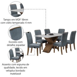 Conjunto de Mesa Sala de Jantar Tampo com Vidro Grécia 6 Cadeiras Off White / Cinza / Cedro 1,60m - 5