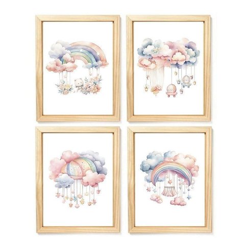 Kit Quadro Infantil Arco Iris Aquarela Decorativo Quarto Menina Enxoval Criança Bebê