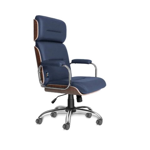 Poltrona Presidente Wood Azul Marinho Acabamento em Madeira Base Cromada Relax