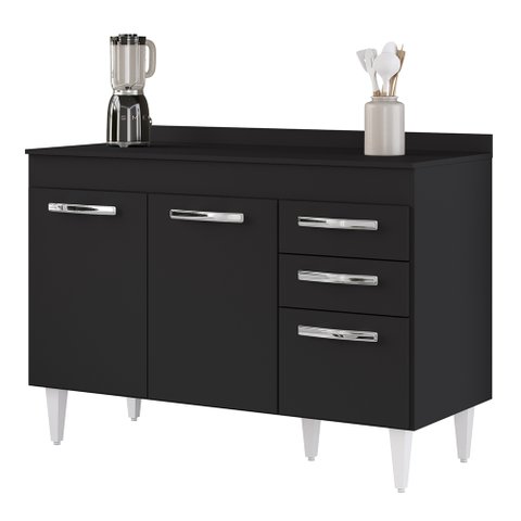 Balcão Gabinete para Pia 120cm 3 Portas com Tampo Suécia Preto - Lumil Lumil Móveis