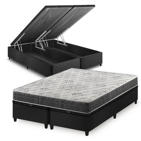 Cama Box Baú Queen Bipartido Preto + Colchão Espuma D33 Ortopédico Zidi San Francisco 158x198x59cm