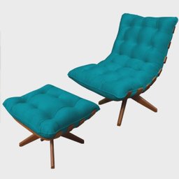 Kit Poltrona com Puff Costela Base em Madeira Giratória - Azul Turquesa - 1