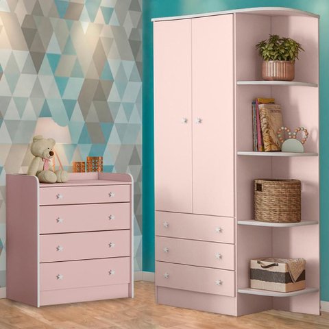 Conjunto Guarda Roupa 2 Portas e Cômoda Trocador Rosa