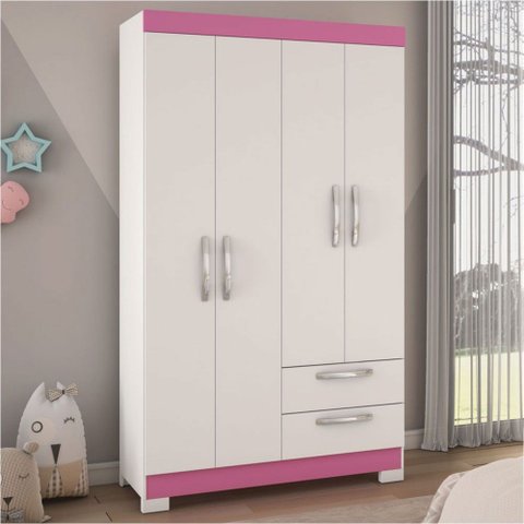 Guarda-roupa Infantil 4 Portas 2 Gavetas Essen Flex Rosa/branco - Pnr Móveis