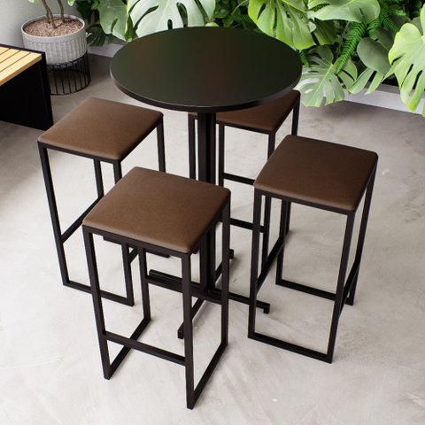 Conjunto Mesa Alta Bar Bistrô Redonda Preta 4 Bancos Estofado Don Castro Decor