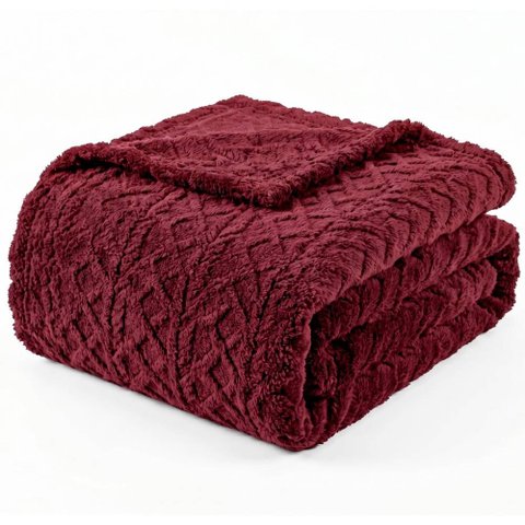 Manta Queen Sherpa Dupla Face 240g/m² Jacquard Alto Relevo Aveludada Quente e Macia Marsala - 100% P