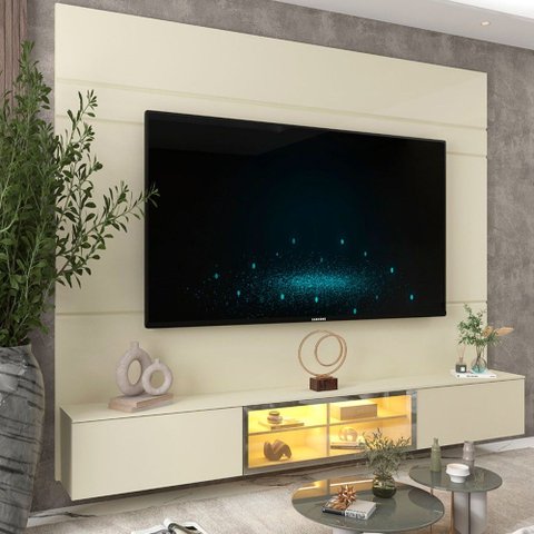 Painel para TV até 85 Polegadas Luminare 3 Portas com Vidro Reflecta e LED 100% MDF Off White - Geli