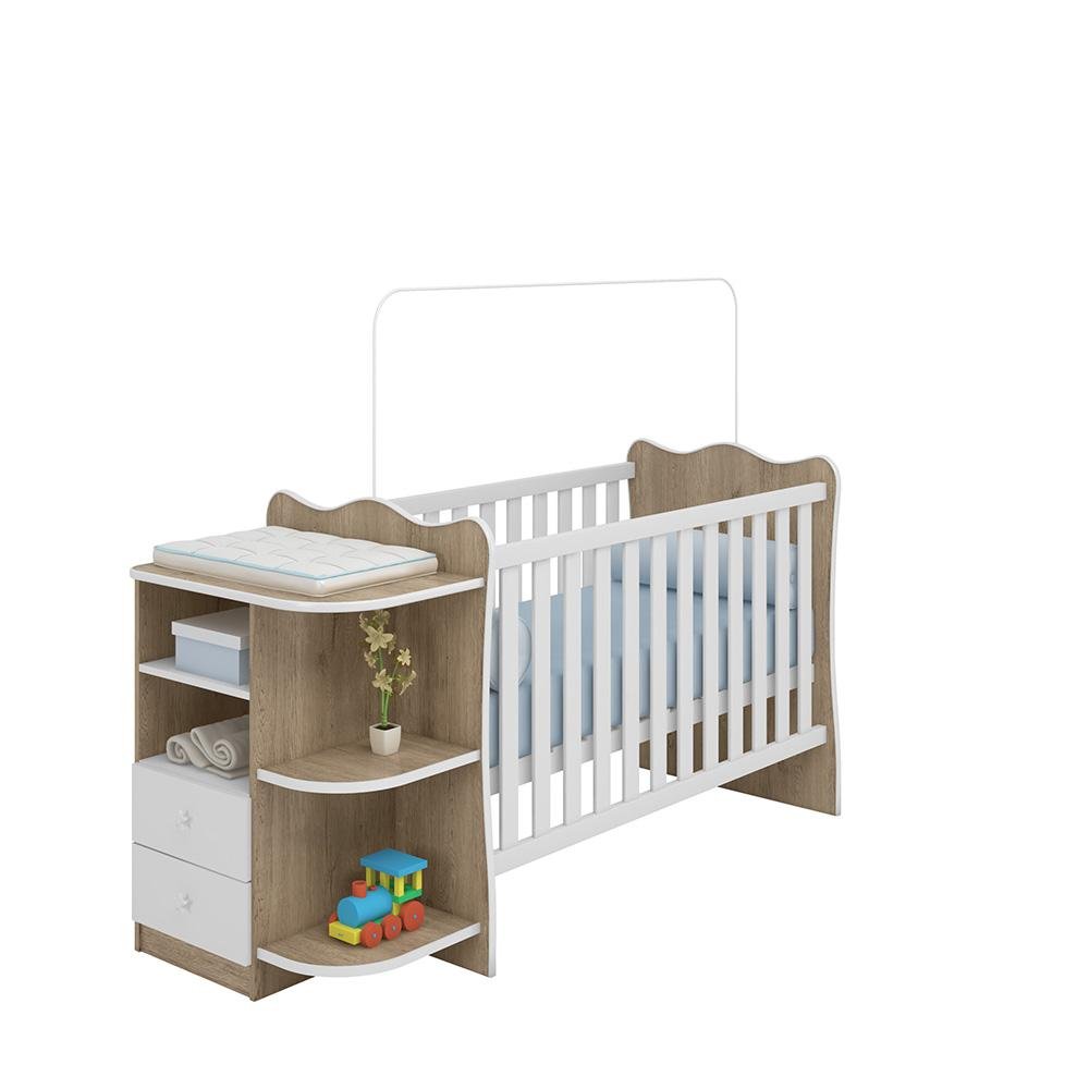 Jogo de Quarto com Cômoda Nova e Berço com Cômoda Doce Sonho Branco/Carvalho - FbABY - 2