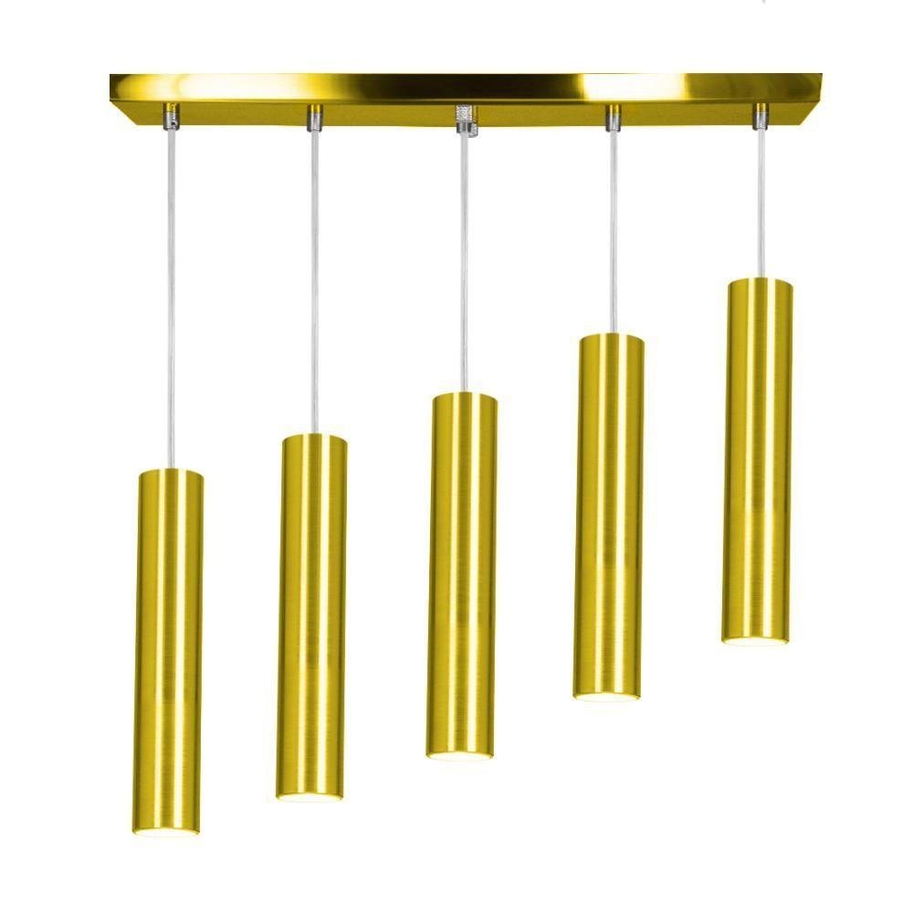 Pendente Quintuplo Tubo Cilindro Dourado 40cm + Led 3k - 3
