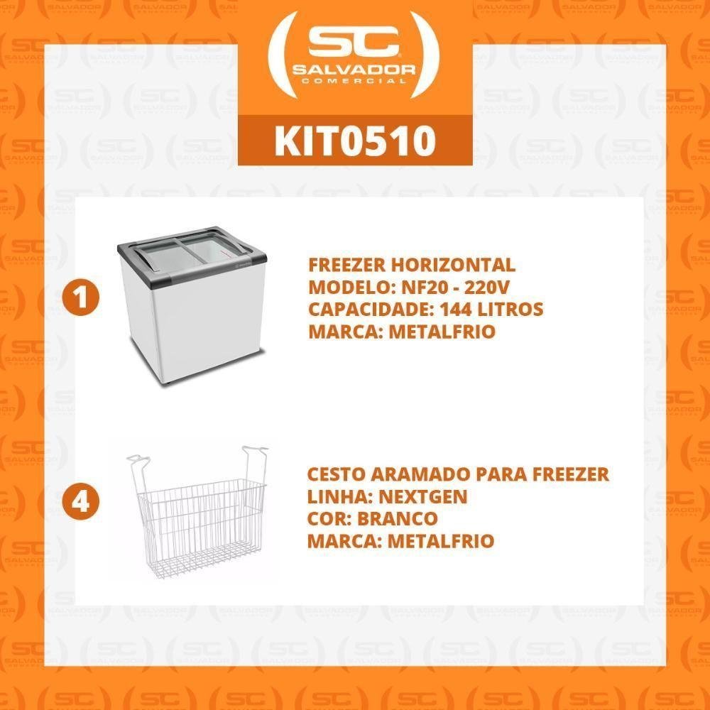 Kit - Freezer Horizontal Tampa de Vidro 144 Litros Nf20 - Metalfrio 220v + 4 Cestos Nextgen Branco - 4