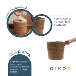 Cesto Organizador Redondo com Alças 25cm de Palha Seagrass e Corda - Oikos - 4