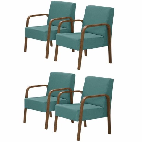 Kit 4 Poltronas 1 Lugar Luna Braço Madeira Turquesa