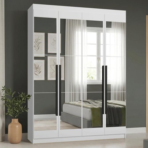 Guarda-Roupa Solteiro 4 Portas Batentes com Espelhos Branco/Branco/Preto Saturno Madesa