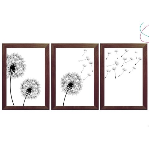 3 Quadros Decoração Dente de Leão Flor Minimalista C Moldura:tabaco
