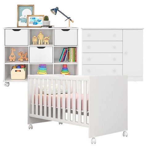 Berço Americano 100 com Rodízios e Cômoda 2561 com Nicho Organizador 3 Gavetas Branco Brilho