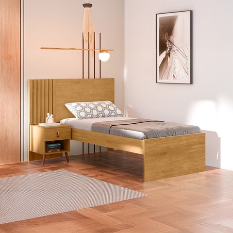 Cama de Solteiro Ripada em MDF e MDP Lady Marrom/Nature/Off White