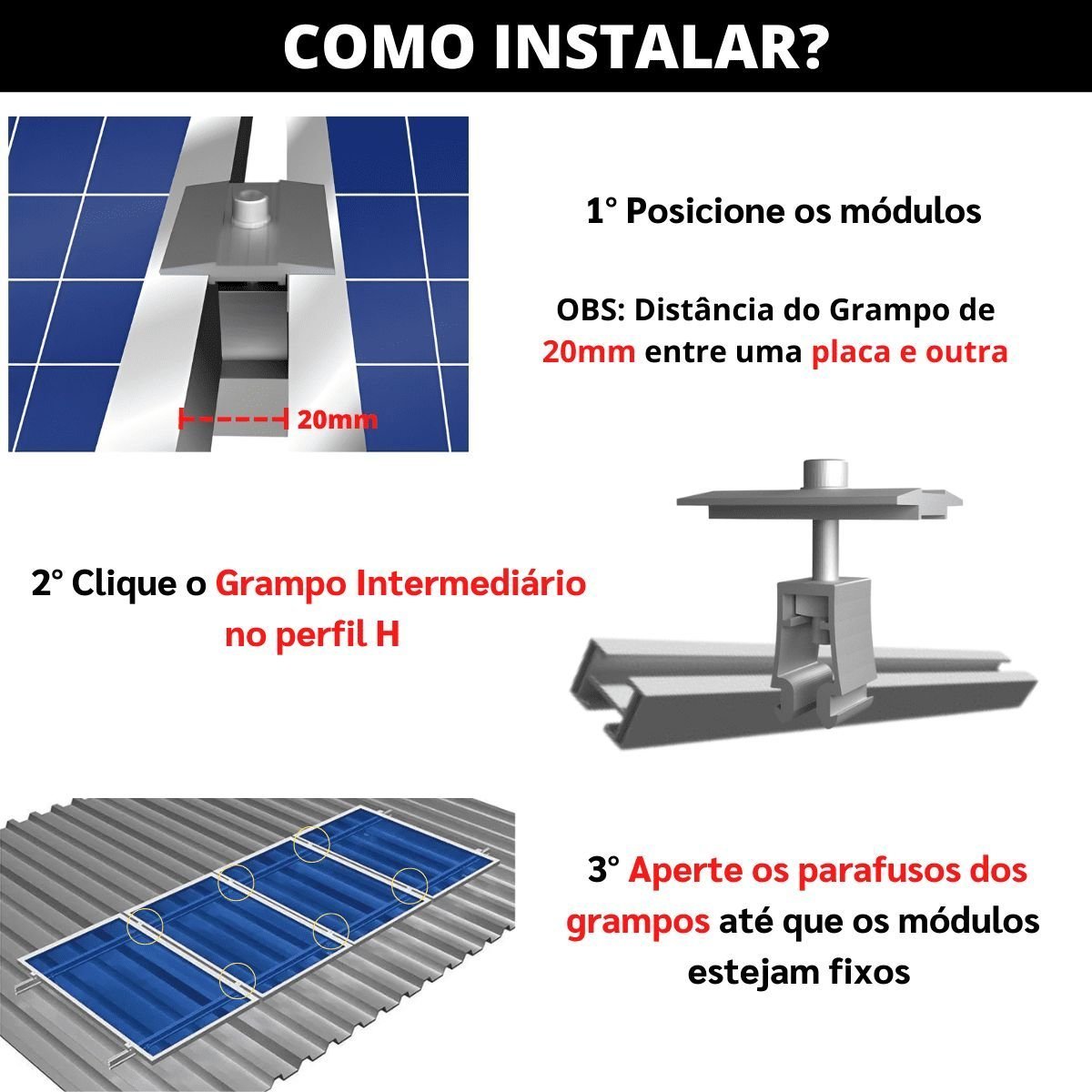 Fixador Grampo Intermediário Middle Clamp Placa Painel Solar Alumínio e Inox | Perfil Master | Kit 0 - 4