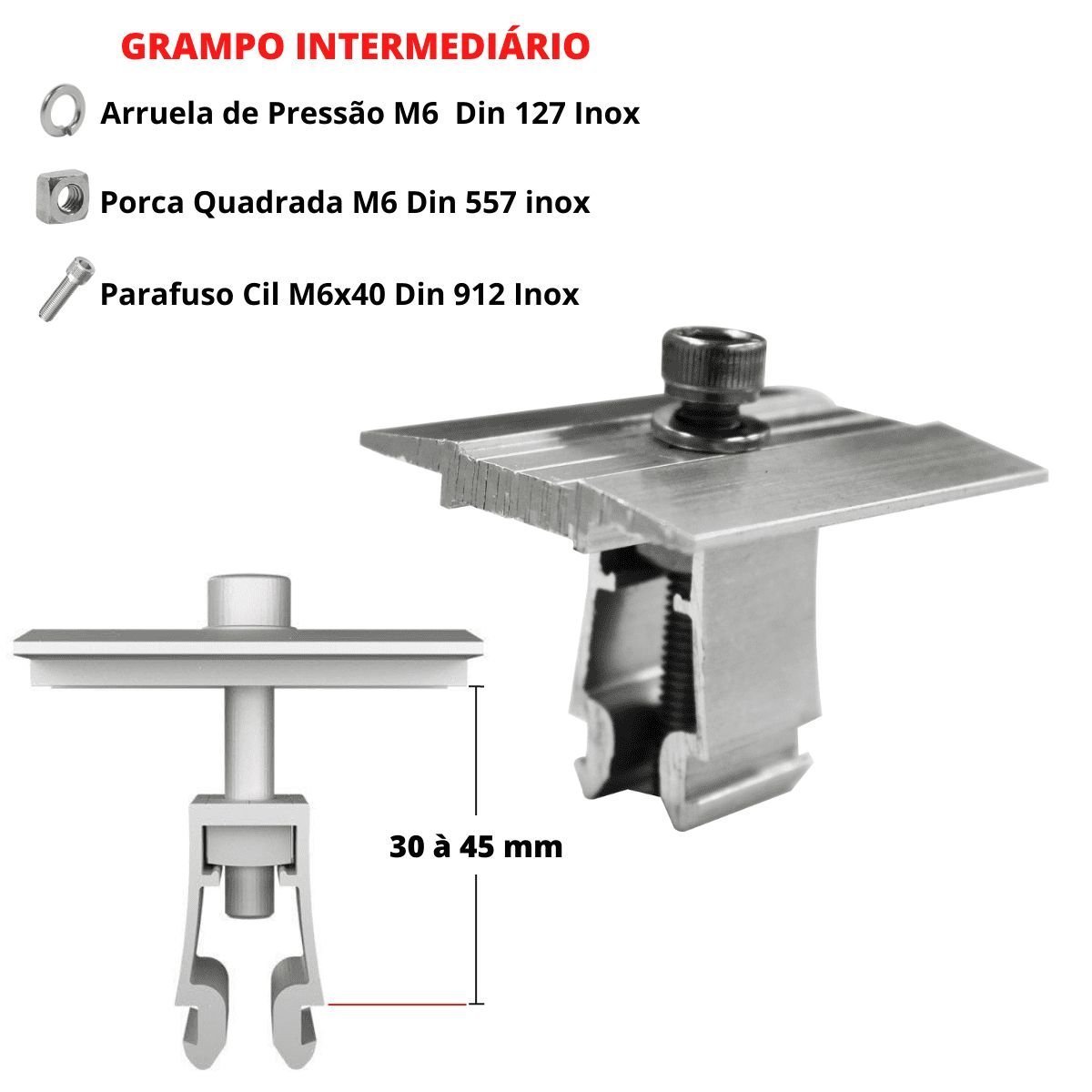 Fixador Grampo Intermediário Middle Clamp Placa Painel Solar Alumínio e Inox | Perfil Master | Kit 0 - 2