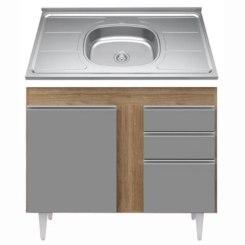 Balcão Gabinete com Pia Inox 100cm 2 Portas 2 Gavetas Luziania Castanho-cinza - Lumil