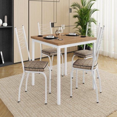 Conjunto Sala de Jantar Mesa Quadrada 90cm Tampo BP com 4 Cadeiras Adriana Branco/Rattan/Demolição