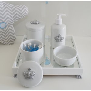 Kit Higiene Porcelana Bebê Banho Cuidado Quarto Unissex Maternidade K014 Coroa - Prata