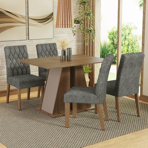 Conjunto Sala de Jantar Mesa Tampo de Madeira 4 Cadeiras Rustic/crema/silver Gisele Madesa