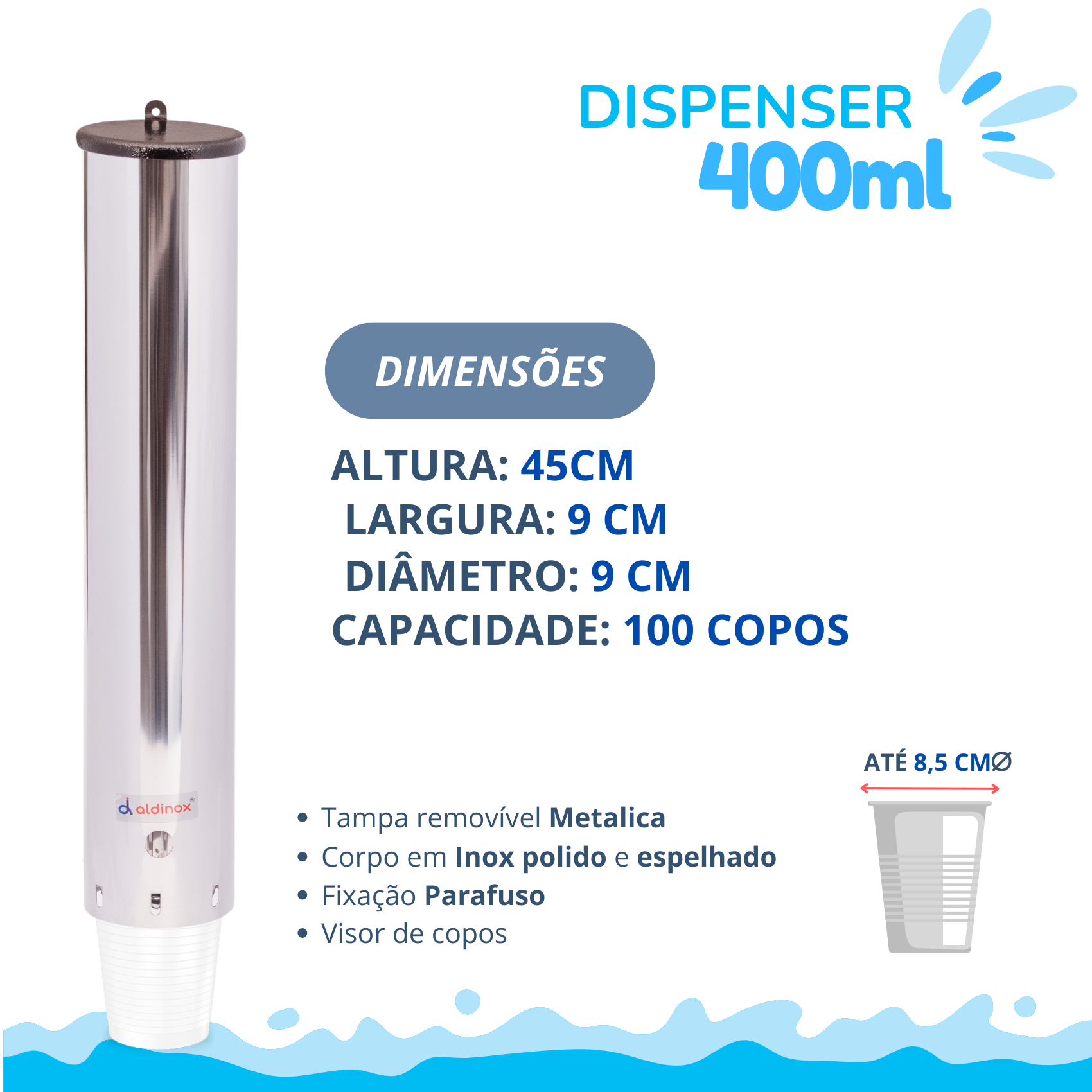 Dispenser Redondo Inox Água 400ml - 3