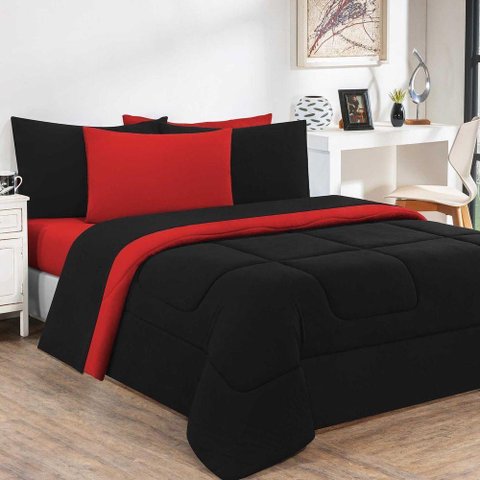 Kit Edredom + Jogo de Lençol 100% Algodão Gran Moratta 7 Peças Casal Preto-vermelho