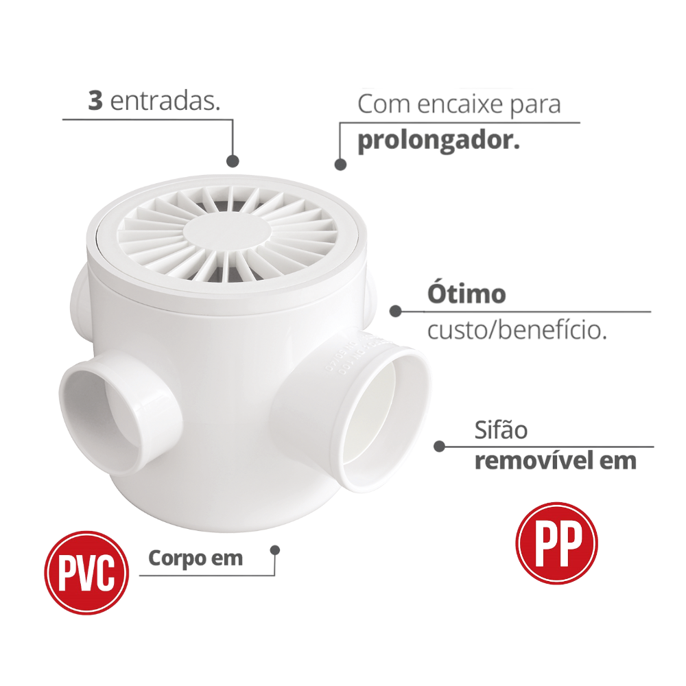 Caixa Sifonada Redonda Três Entradas 100 X 100 X 50mm com Branco Durín - 2