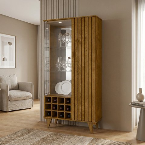 Cristaleira com Portas de Vidro, LED e Espelho e Pés em Madeira Maciça 180x90,5cm Naturalle Marrom
