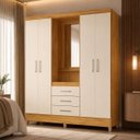 Ver imagem 1 de Guarda-Roupa Solteiro Espelho 4 Portas 3 Gavetas Capelinha Persia Cinamomo Touch Off White Demobile