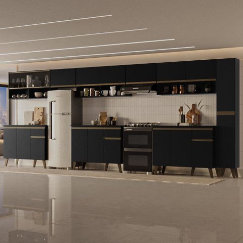 Armário de Cozinha Completa Atlanta Plaza com Vidro Carraro Preto Touch