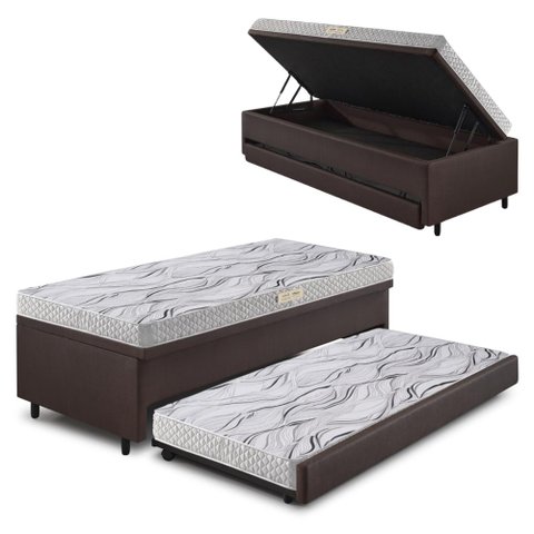 Bicama Box Baú 88x188 Corino Linho com Colchão de Espuma Ecoline D20 Ecoflex