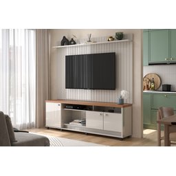 Rack com Painel Ripado Frisado para Sala de Estar Dallas Lukaliam:off White/jequitiba - 1