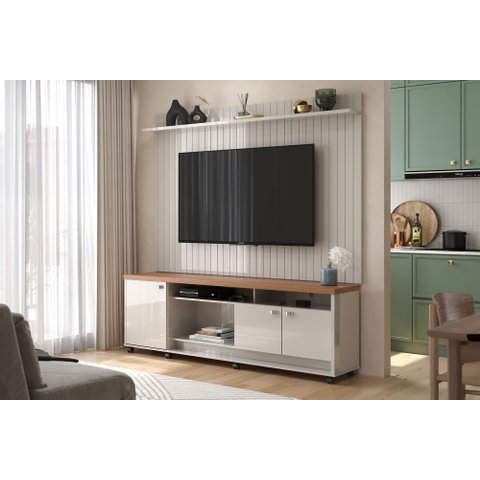 Rack com Painel Ripado Frisado para Sala de Estar Dallas Lukaliam:off White/jequitiba